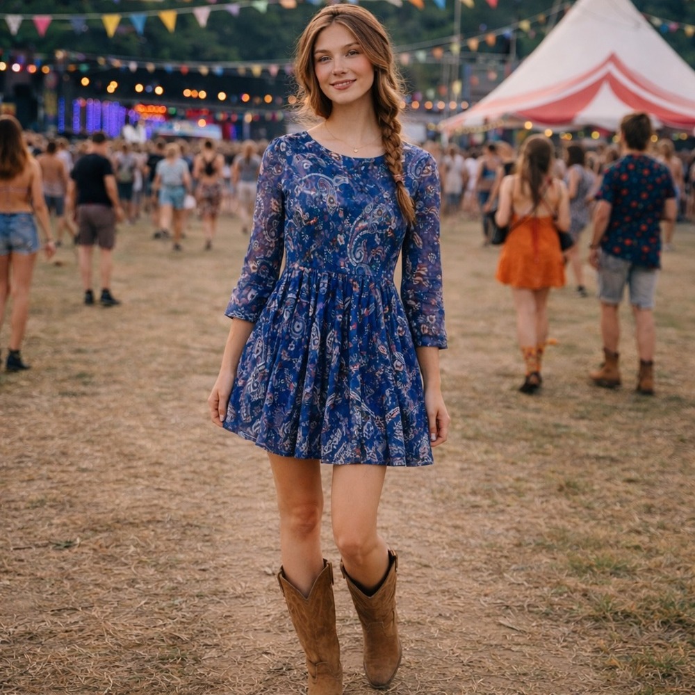 Attard State‎ Blue Paisley Floral Print Long Sleeve Fit Flare Dress Size M Boho
